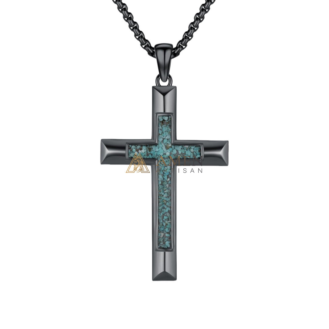 Turquoise Chip Cross Pendant Necklace Amen Artisan