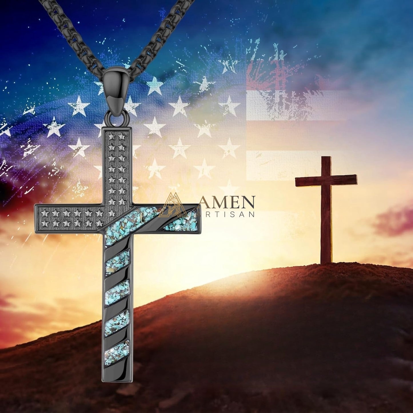 Star-Spangled Banner Turquoise Shard Cross Pendant Necklace Amen Artisan