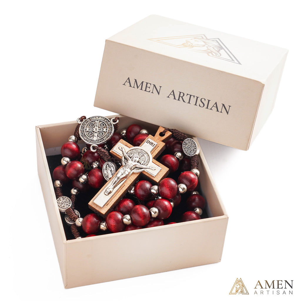 Natural Wood Rosary Beads Necklace with Crucifix - Devotion & Blessing | Amen Artisan