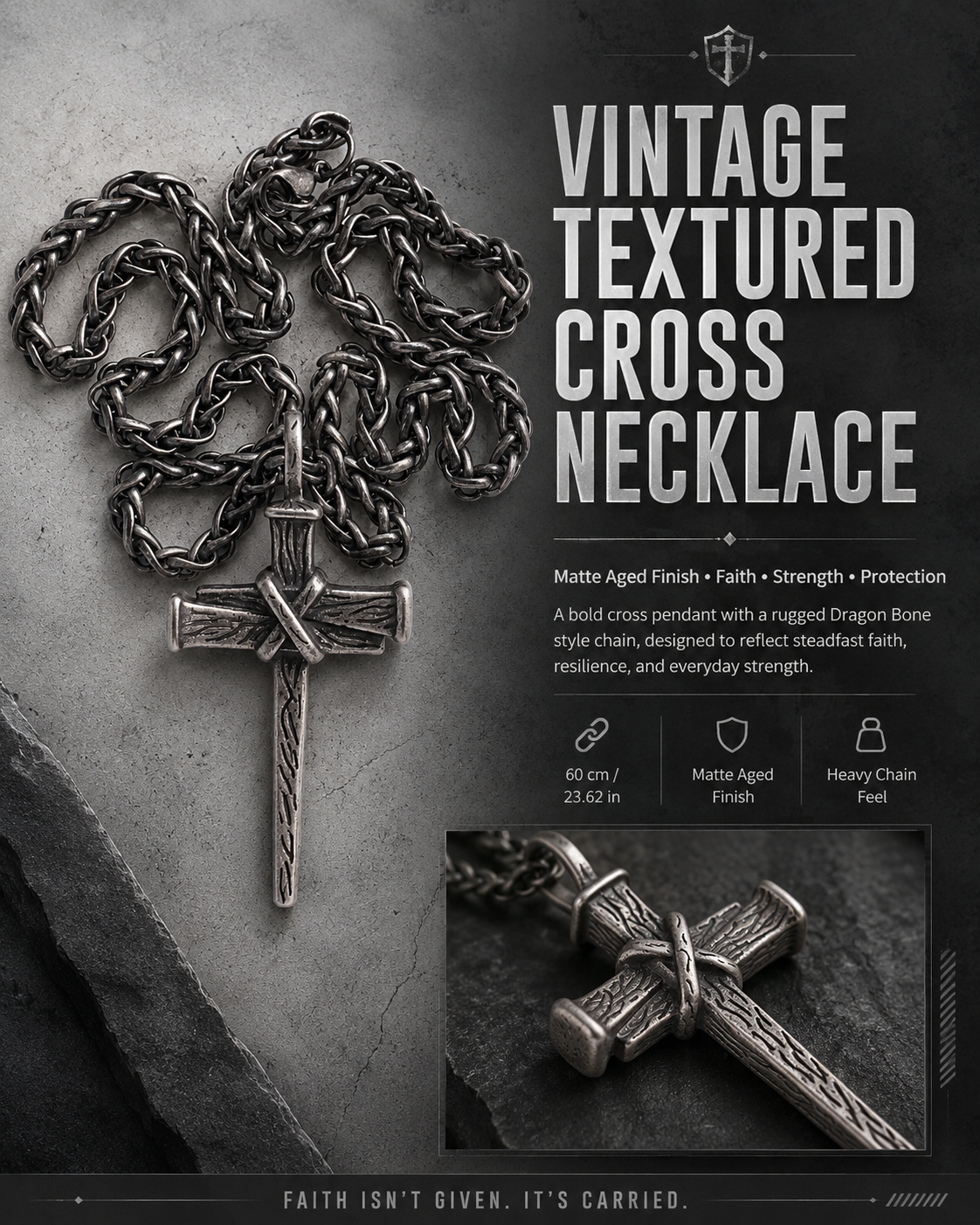 Heavy Dragon Bone Chain Cross Necklace - Resilience, Faith & Sacred Protection | Amen Artisan