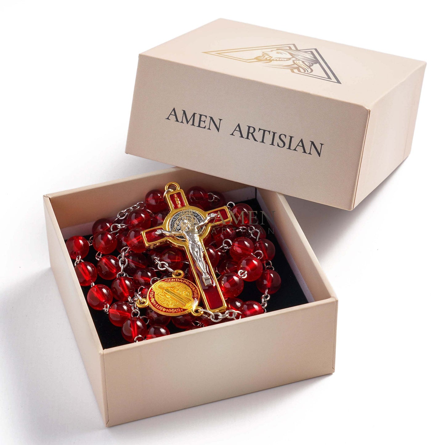 Red Glass Rosary Crucifix Rosary Amen Artisan