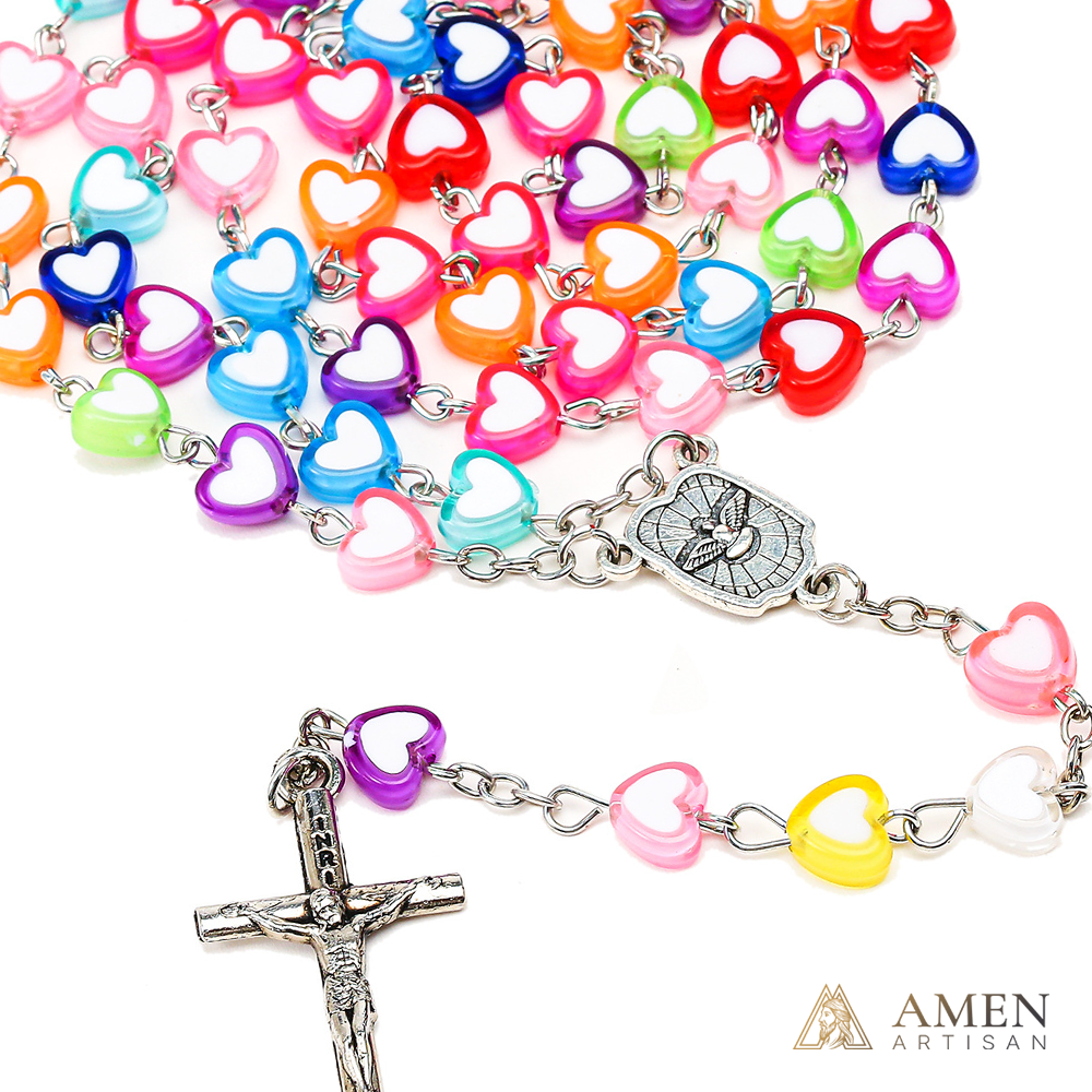 Colorful Heart Bead Rosary with Crucifix Amen Artisan