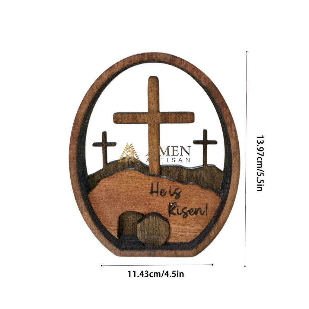 Calvary Oval Wood Resurrection Scene Plaque Amen Artisan