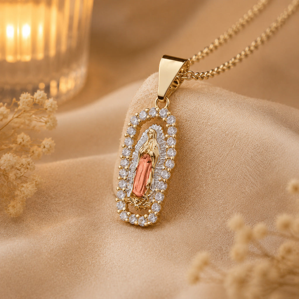 Our Lady Medal Necklace with Rhinestone Frame — Grace