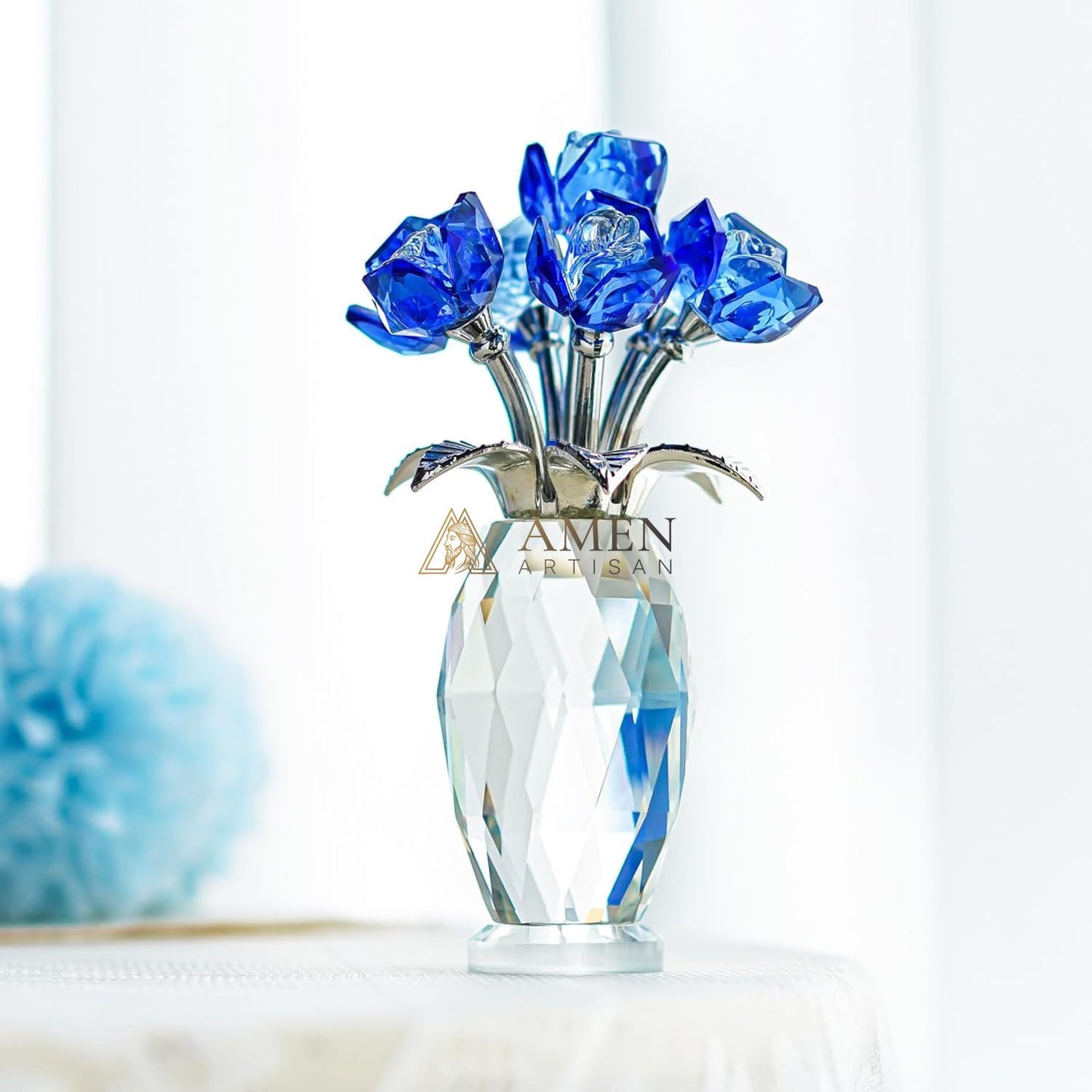 Crystal Blue Rose Statue Amen Artisan