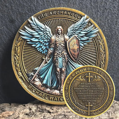 St Michael Challenge Coin – Blue Wings Warrior Angel Guardian Shield Token - Amen Artisan