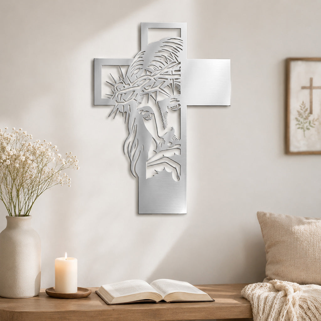 Jesus Portrait Metal Cross Wall Art with Crown of Thorns
