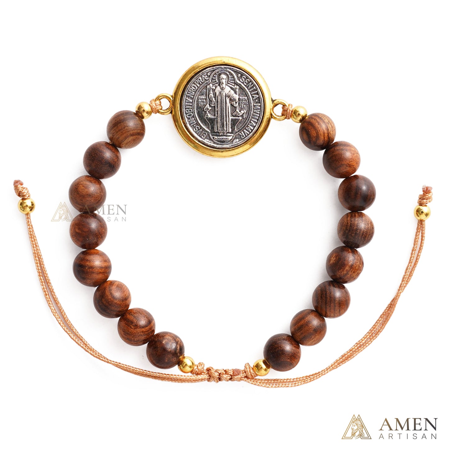 Wooden Beads Saint Benedict Medal Adjustable Bracelet Amen Artisan