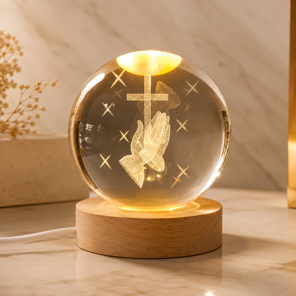 Christian Crystal Ball Night Light with Praying Hands and Cross — Peace