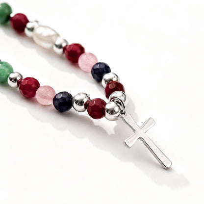 Colorful Beaded Cross Necklace with Natural Stone Details