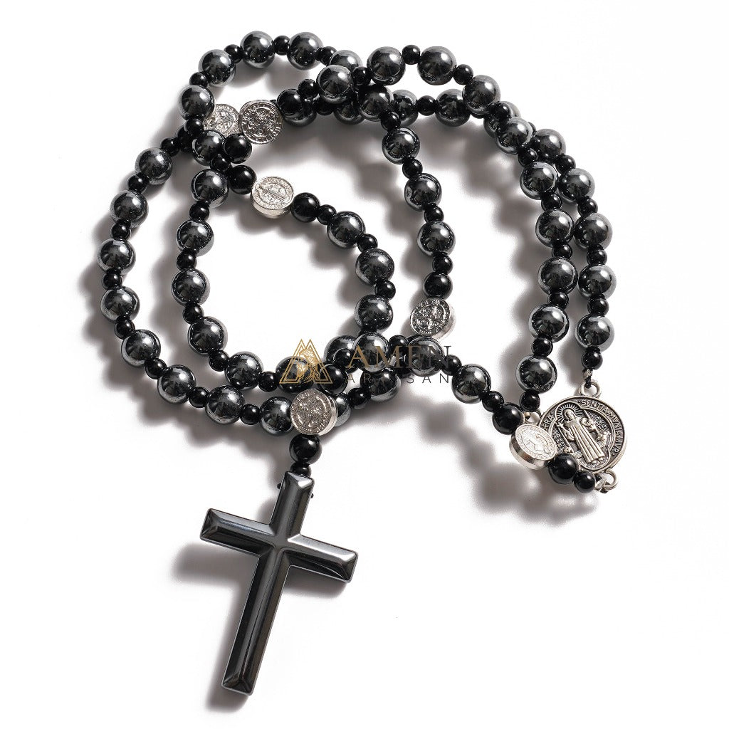 Black Obsidian St. Benedict Medal Prayer Beads Amen Artisan