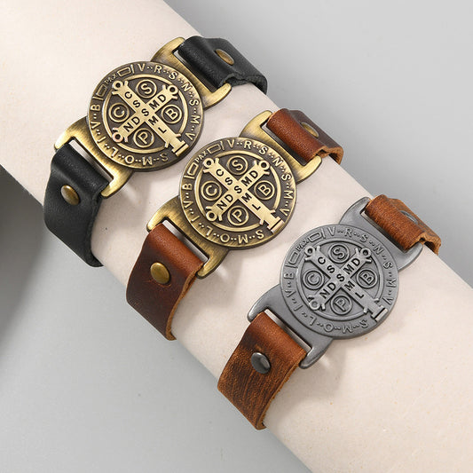 St. Benedict Leather Cuff Bracelet with Large Medal — Protection