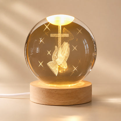 Christian Crystal Ball Night Light with Praying Hands and Cross — Peace