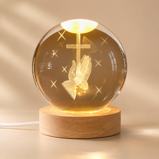 Christian Crystal Ball Night Light with Praying Hands and Cross — Peace
