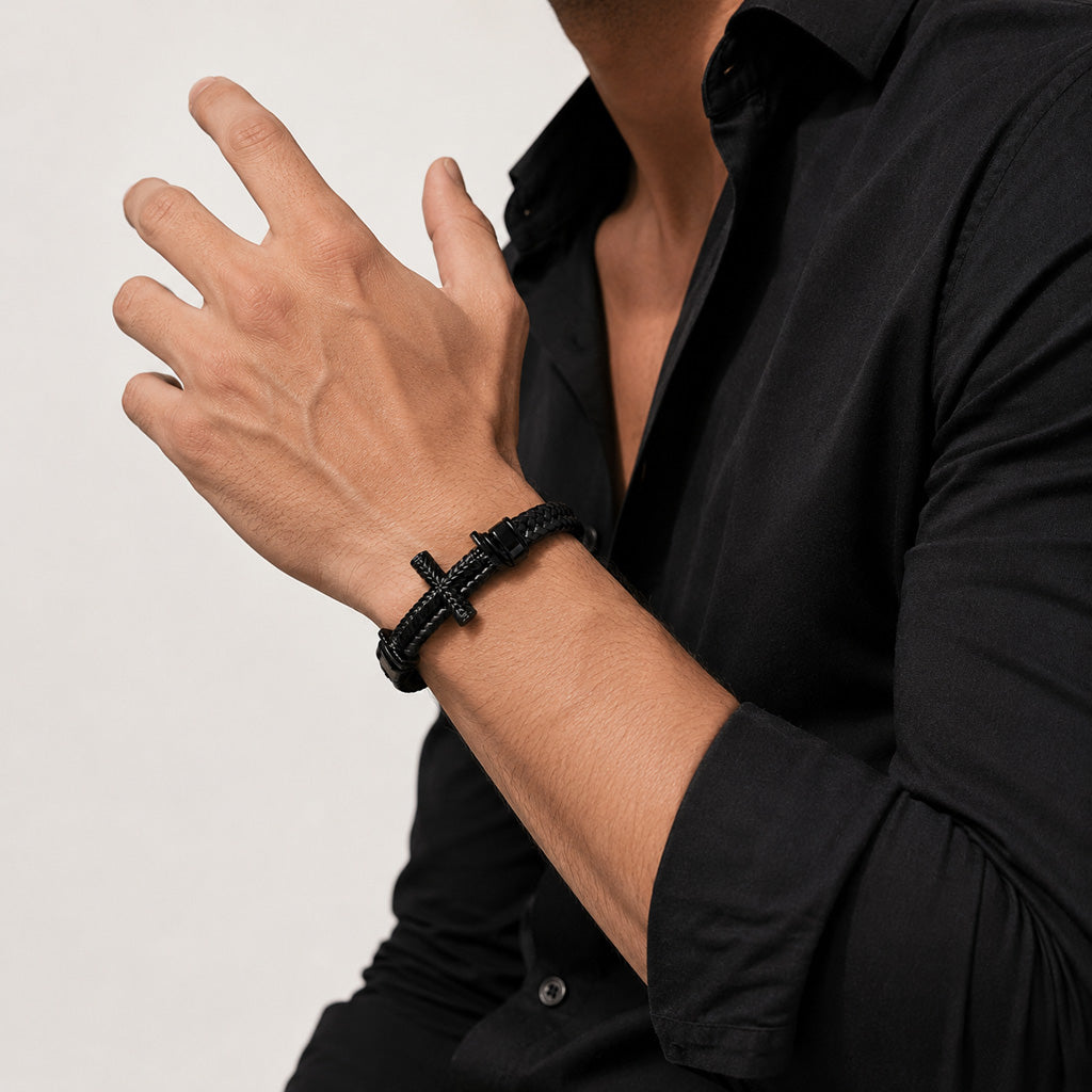 【DEAL TODAY】Leather Cross Bracelet with Magnetic Clasp
