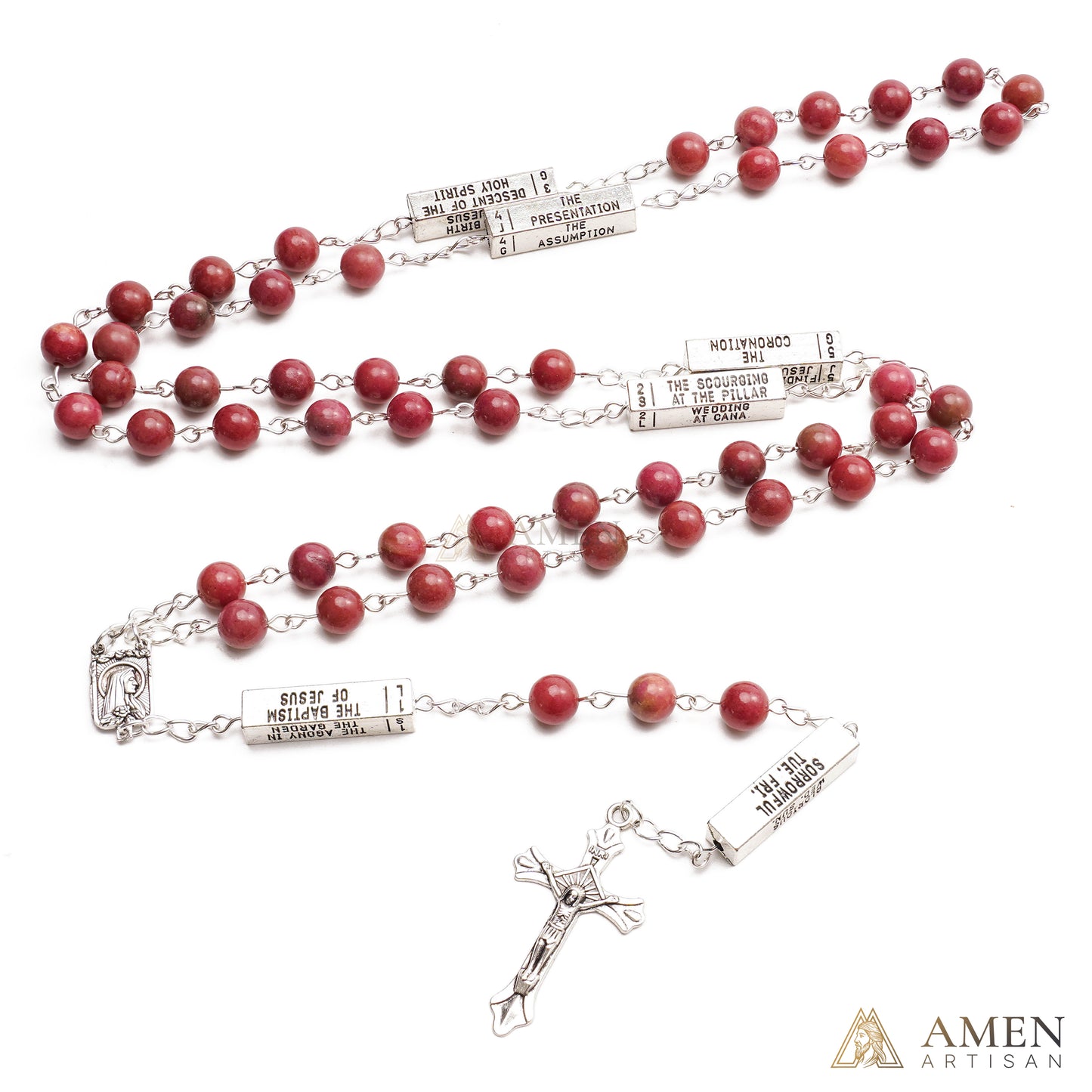 Matte Blue Chalcedony Bead Rosary with 5 Mysteries Amen Artisan