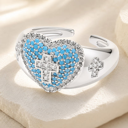 【DEAL TODAY】Blue Heart Cross Open Ring with Rhinestone Accents
