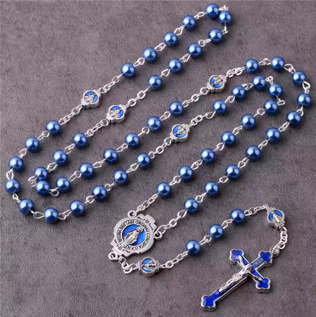 Deep Blue Pearl Beads Virgin Mary Rosary Amen Artisan