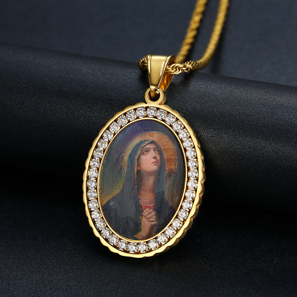 Holy Mother Photo Memorial Titanium Steel Zircon Necklace Amen Artisan