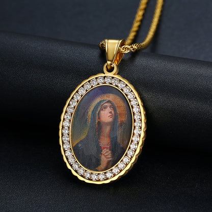 Holy Mother Photo Memorial Titanium Steel Zircon Necklace Amen Artisan