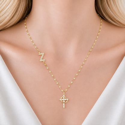 Sparkling Zircon Cross Necklace with A-Z Initial Charm