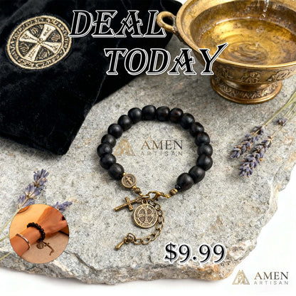 Black Wood Beads Brass Saint Benedict Medal Adjustment Bracelet