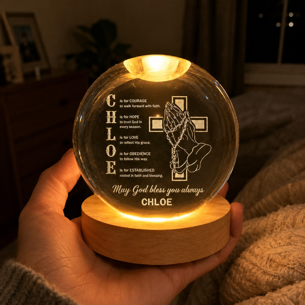 【Deal Today】Personalized Name Faith Blessing Crystal Ball Night Light with Praying Hands & Cross Design — Blessing