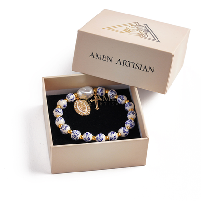 【Deal Today】Blue and White Pottery Beads & Baroque Pearl Elastic Cord Cross Bracelet