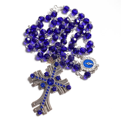 Royal Cobalt Blue Faceted Rosary – Jewel-Encrusted Art Deco Crucifix with Miraculous Medal – Sacred Devotional Prayer Beads