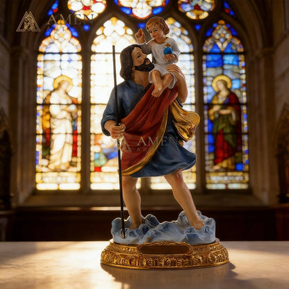 Saint Christopher & Child Jesus Hand-Painted Religious Statue Amen Artisan