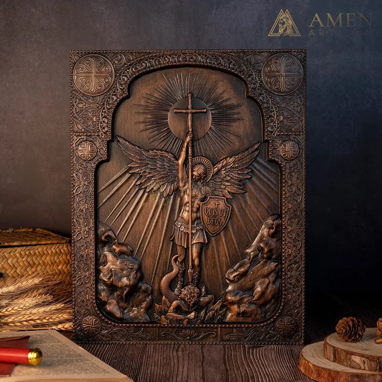 St Michael Wood Carving Amen Artisan