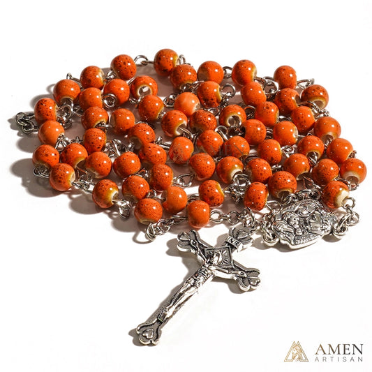 Orange Glazed Ceramic Rosary Amen Artisian