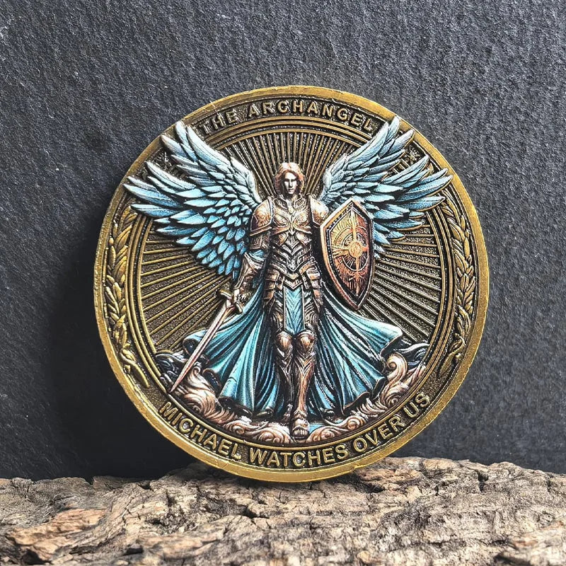 St Michael Challenge Coin – Blue Wings Warrior Angel Guardian Shield Token - Amen Artisan