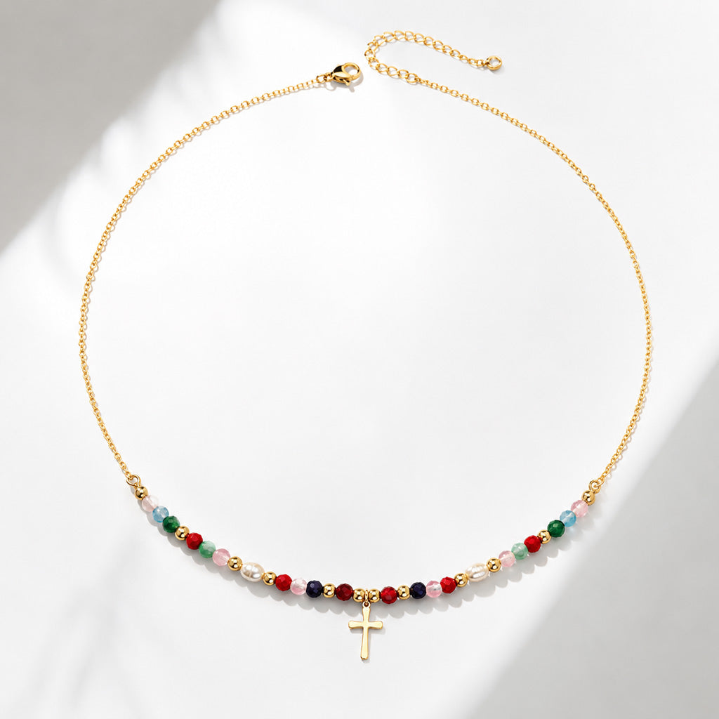 Colorful Beaded Cross Necklace with Natural Stone Details