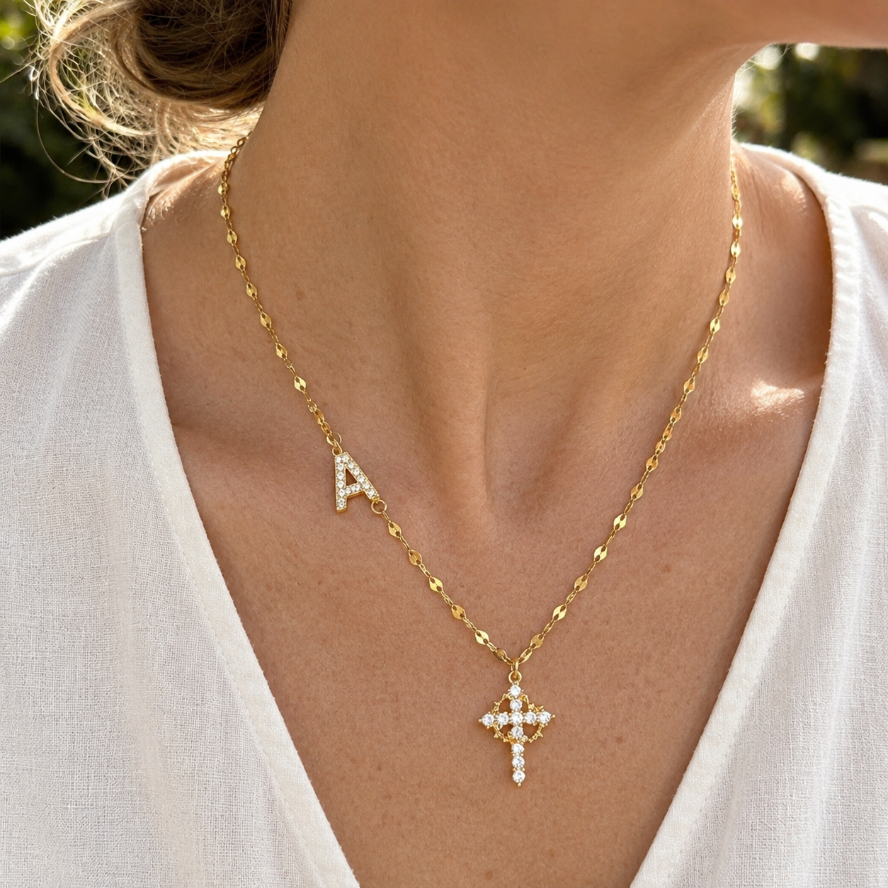 Sparkling Zircon Cross Necklace with A-Z Initial Charm