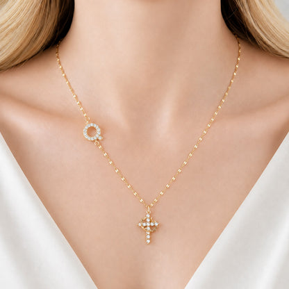 Sparkling Zircon Cross Necklace with A-Z Initial Charm