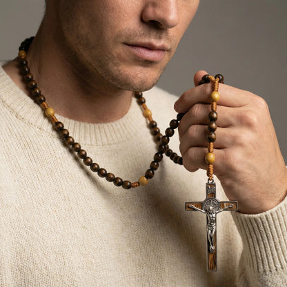 【Deal Today】Woven Cord Wooden Rosary with St. Benedict Medal Cross - Sacred Blessing | Amen Artisan