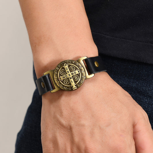 St. Benedict Leather Cuff Bracelet with Large Medal — Protection
