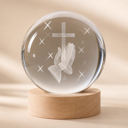 Christian Crystal Ball Night Light with Praying Hands and Cross — Peace