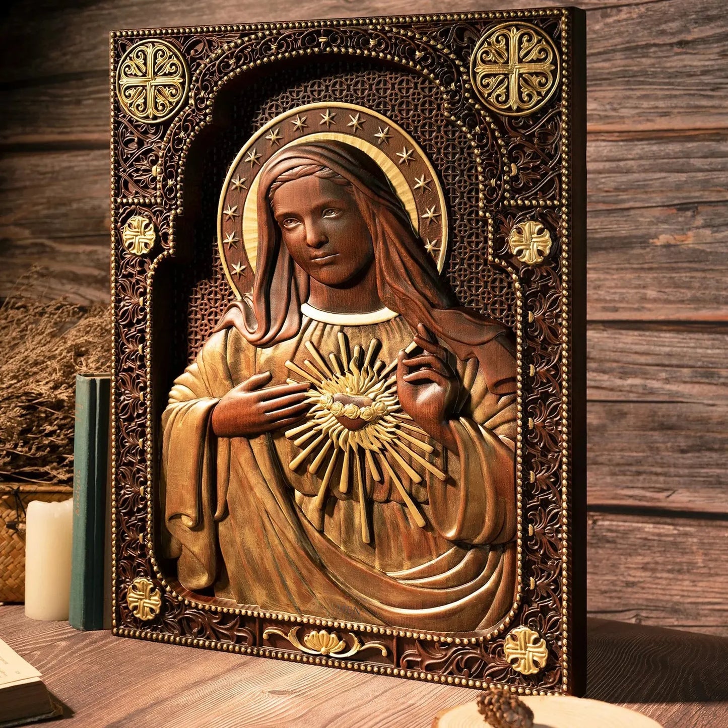 Immaculate Heart of Mary Wood Carving Amen Artisan