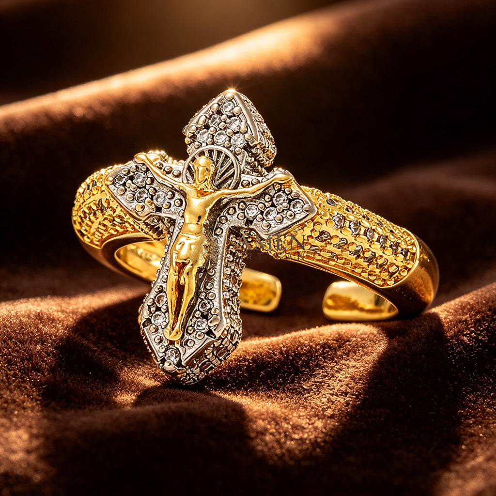 Cubic Zirconia Crucifix Open Ring in Brass - Faith, Hope & Protection |  Amen Artisan