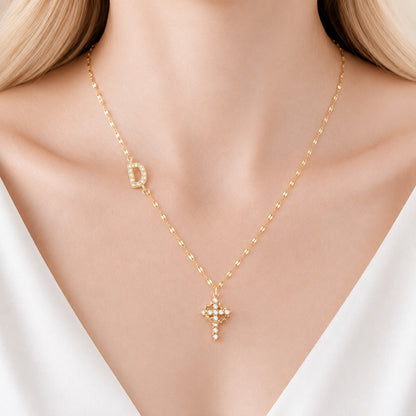 Sparkling Zircon Cross Necklace with A-Z Initial Charm