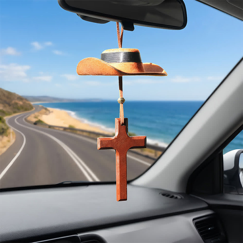 【Deal Today】Western Rearview Mirror Ornament with Cowboy Hat and Cross — Faith | Amen Artisan