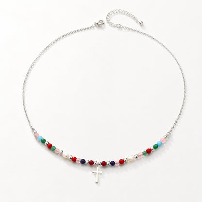 Colorful Beaded Cross Necklace with Natural Stone Details