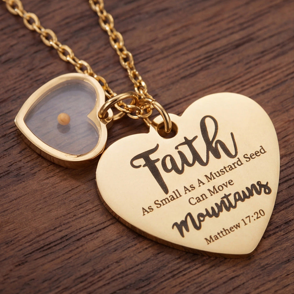 Faith Mustard Seed Heart Necklace with Matthew 17:20 Message