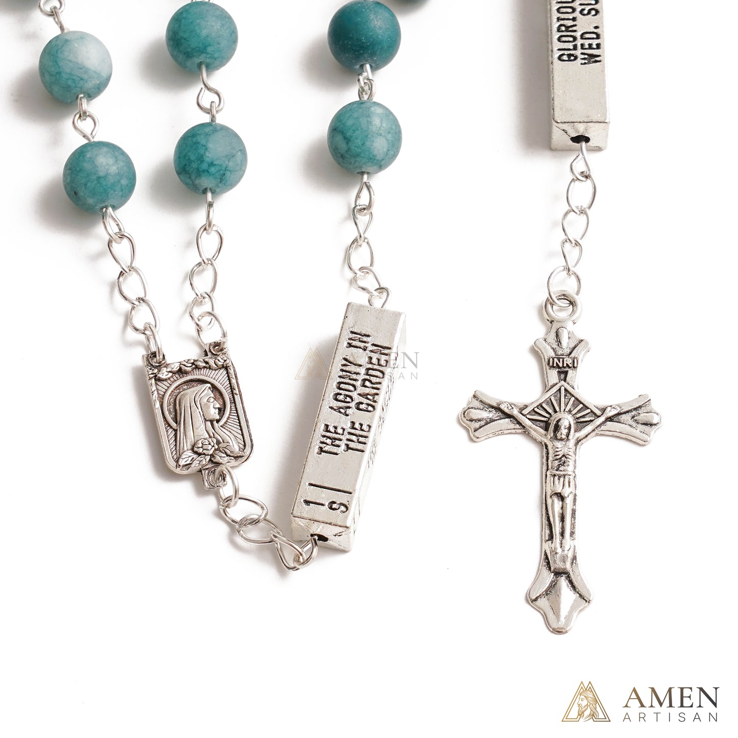 Matte Blue Chalcedony Bead Rosary with 5 Mysteries Amen Artisan