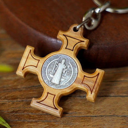 Olive Wood Saint Benedict Medal Keychain Amen Artisan