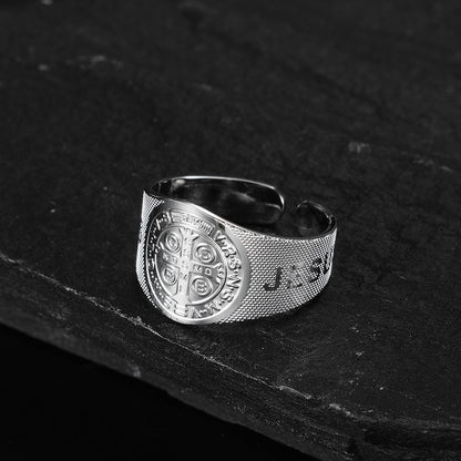 Saint Benedict Cross & Inscriptions "JESUS" Ring Amen Artisan