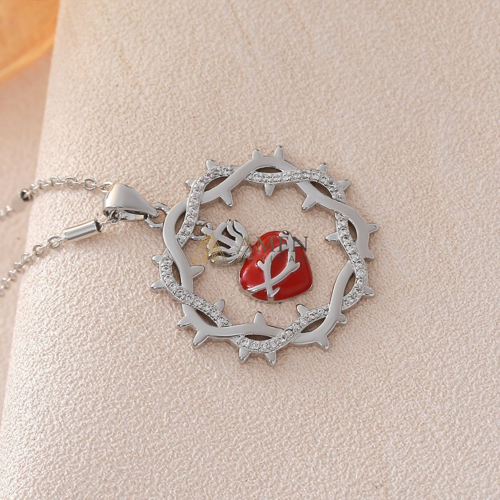 Sacred Heart & Crown of Thorns Pendant Necklace Amen Artisan