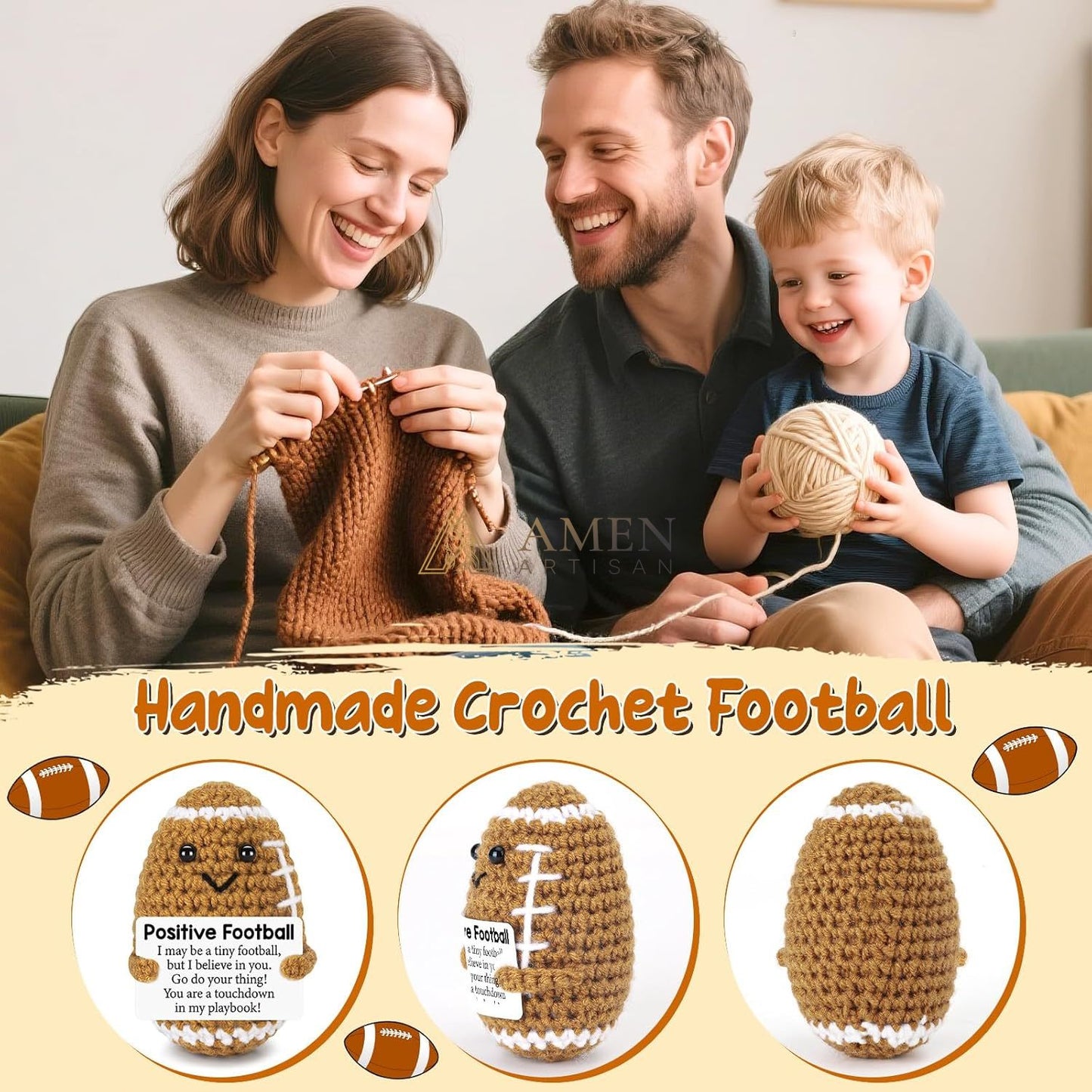 Hand-Knit Positive Football Plush Doll Amen Artisan
